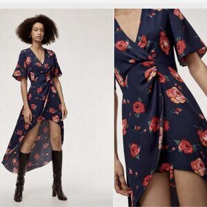 Aritzia Babaton Jedd Navy With Rose Design, High-low Hemline, Wrap Dress Sz-6